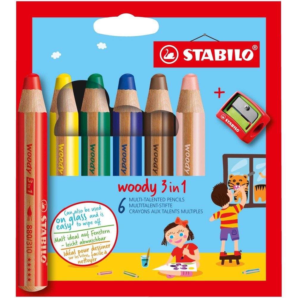 Creioane colorate Stabilo woody 3 in 1, 6 culori / set cu ascutitoare Stabilo 