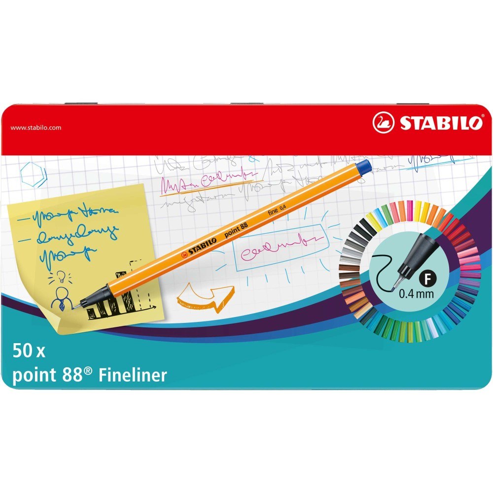 Fineliner Stabilo Point 88, 50 bucati / set, cutie metalica Fineliner Stabilo 