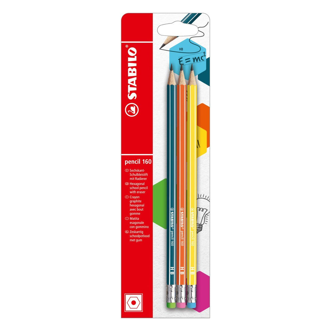 Set 3 creioane grafit cu radiera tip HB 160, galben, portocaliu, petrol Creioane grafit Stabilo 