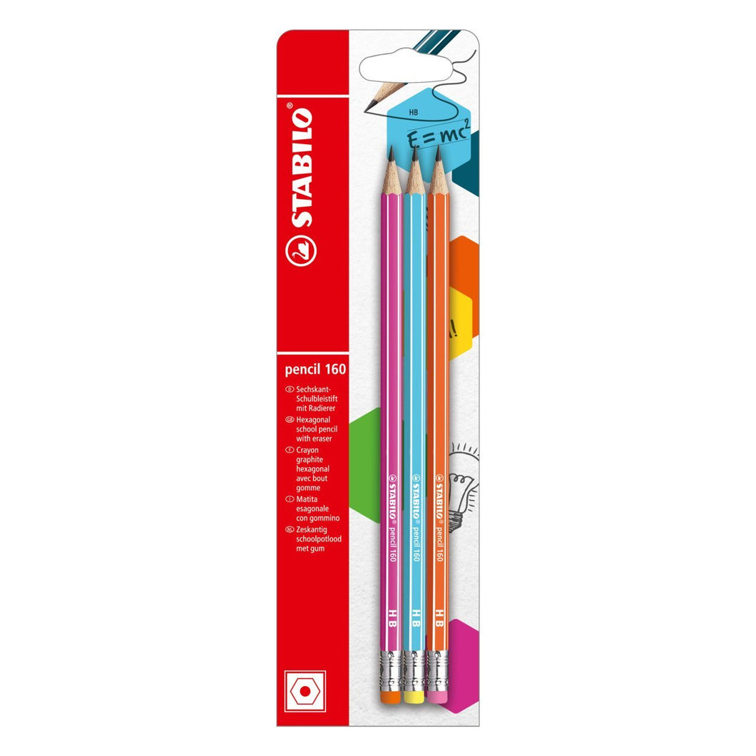 Set 3 creioane grafit cu radiera tip HB 160, roz, bleu, portocaliu Creioane grafit Stabilo 